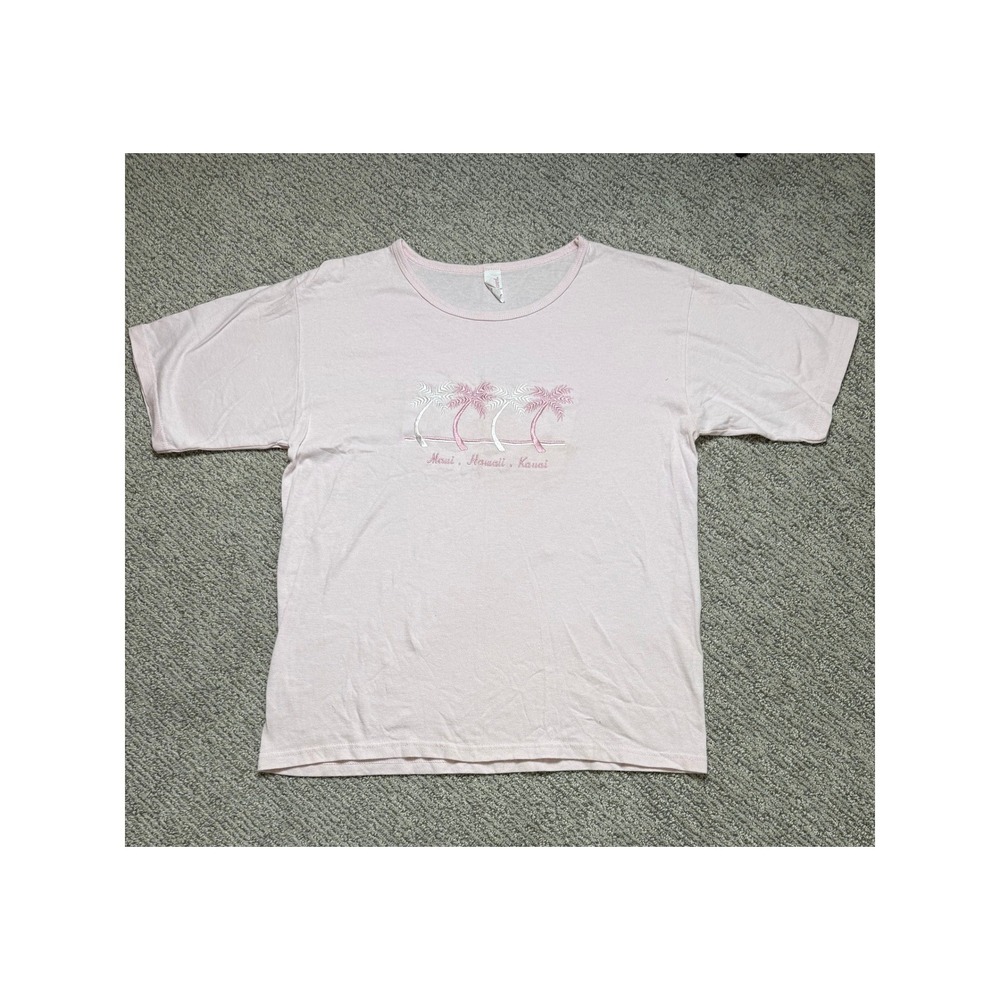 Maui Hawaii Kauai Embroidered Palm Tree T-Shirt Pink Cotton Mens Medium